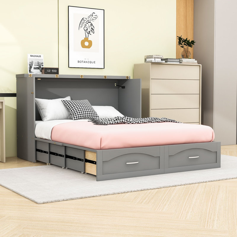 Dulci 1 Drawer Wood Murphy Bed with Sockets & USB Ports, Queen, Gray