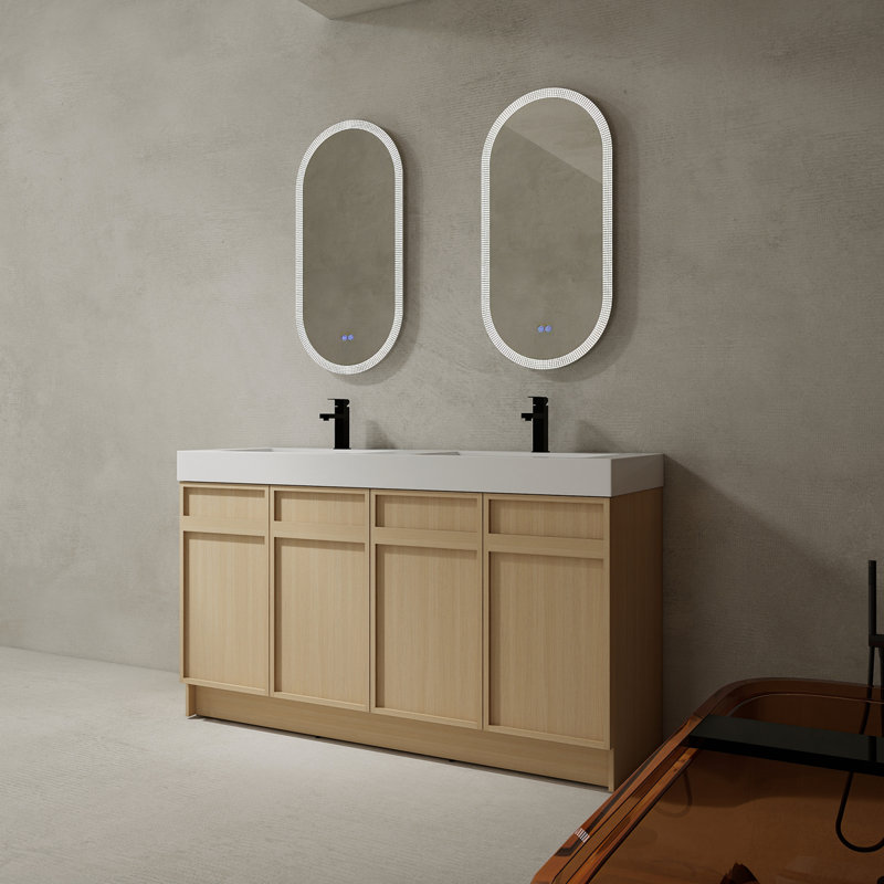 Meuble-lavabo autoportant de 60 po avec double lavabo en résine et 4 portes d'armoire à fermeture en douceur