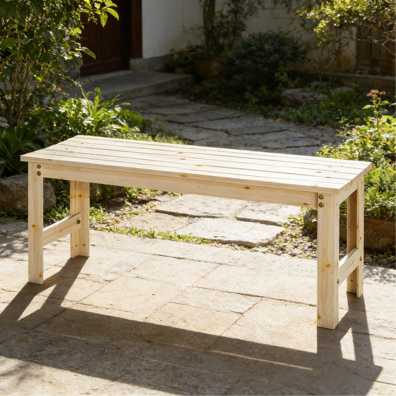 Banc à lattes sans dossier, banc d'extérieur en bois