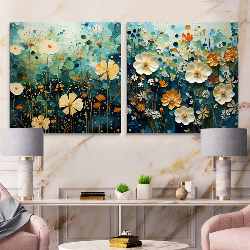 «Blue Tranquil Gardens II», ensemble de 2 verres muraux abstraits en acrylique, H 16 po x l 33 po