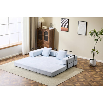 Lit convertible bleu à 3 places convertible, canapé futon avec dossier coussiné, tissu chenille, idéal pour les dortoirs, accoudoirs de lit et séance de lecture dans la chambre à coucher en tissu