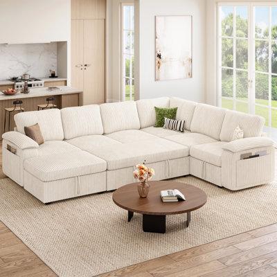 U Shape Sectional Sofa with Pull Out Bed, Sleeper Sectional Couch with Storage, Beige