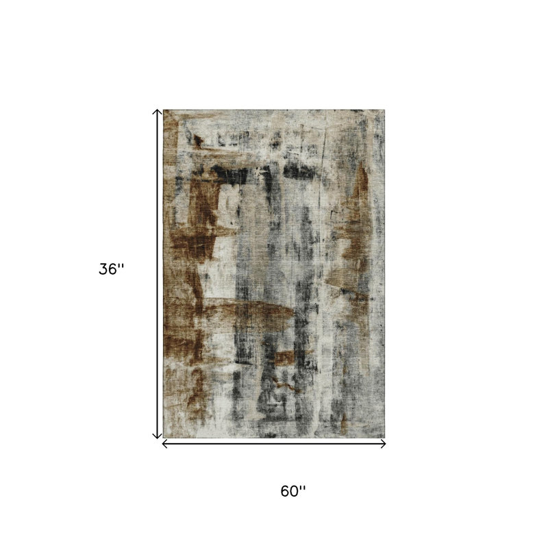 3' X 5' Taupe Charcoal And Brown Abstract Washable Area Rug With UV Protection