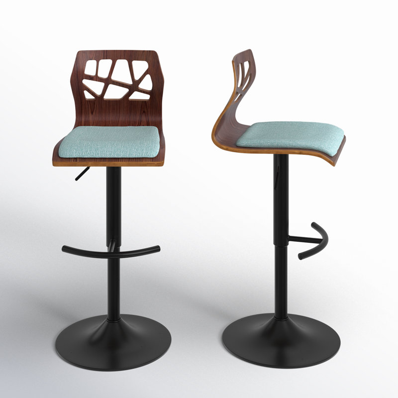 Laurenzio Swivel Upholstered Adjustable Height Counter Stool with Metal Frame, Teal Fabric/Walnut Wood, Black