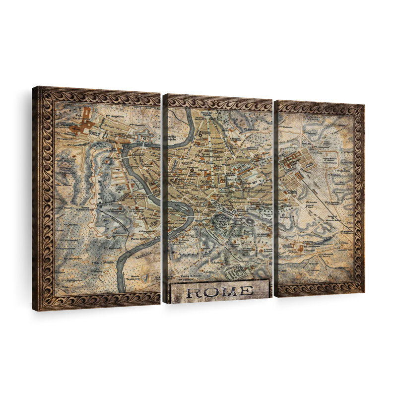 Carte de Rome rétro sur toile, ensemble de 3 pièces, H 42 po x l 65 po x P 1,25 po