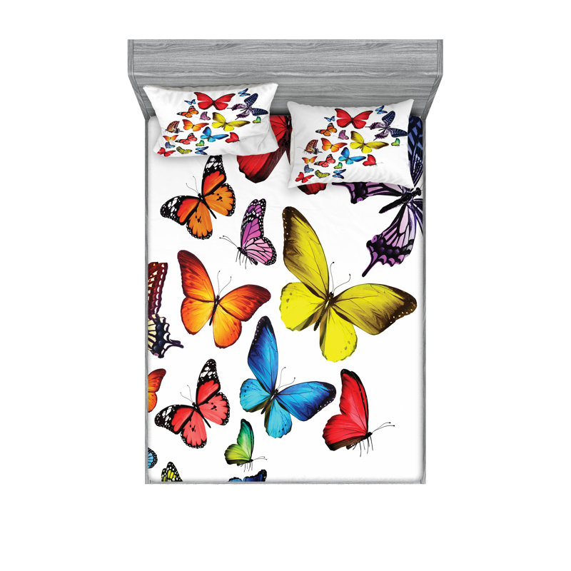 Ambesonne Butterfly Fitted Sheet & Pillow Sham Multicolor, Queen Sheet Set + 5 Additional Pieces