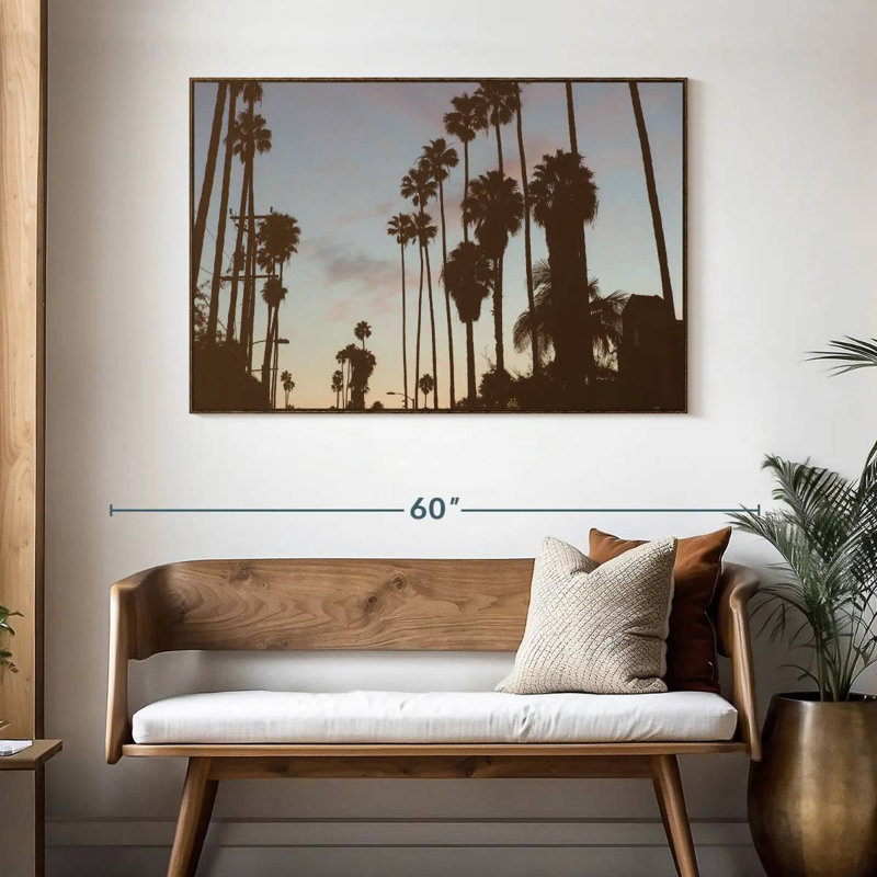 Silhouette des palmiers de Los Angeles, 46 po x 31 po, Cadre flottant noyer