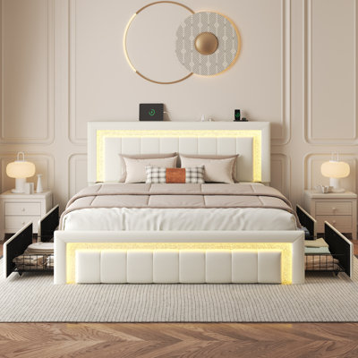 Queen upholstered Platform Bed with Vertical Block Design Headboard, 4 Sliding Storage Drawers，RGB LED Light & Charging Station, Easy to Assemble, White