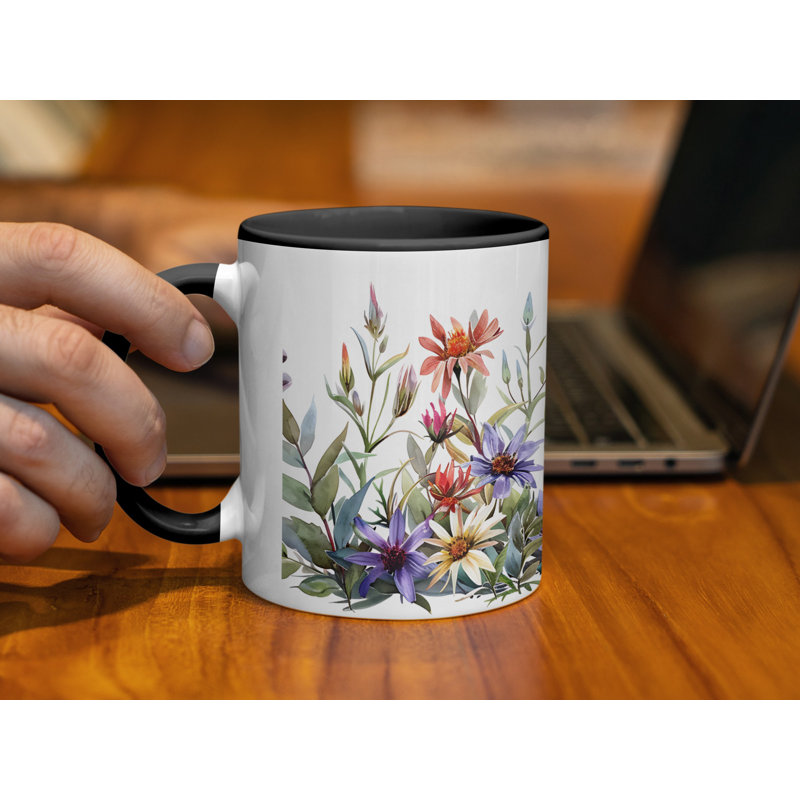Set of 3 Watercolour Floral 11oz Accent Mugs, Ceramic Coffee Cup with Black Handles & Interior