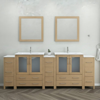  Meuble-lavabo autoportant moderne à double cuve 96 po avec comptoir en céramique et miroirs assortis