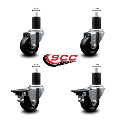 3 Inch Hard Rubber Wheel Swivel 1-3/4 Inch Expand Stem Caster Set 2 Brakes SCC