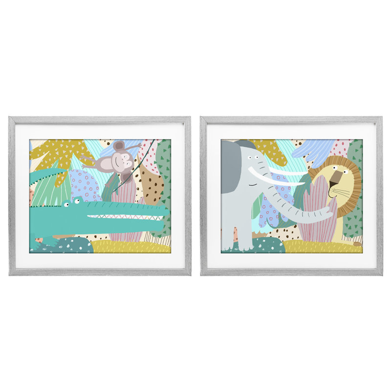 «Whimsical Wild Jungle Animals», ensemble de 2 reproductions encadrées sous verre, par Carla Daly, H 17 po x l 21 po