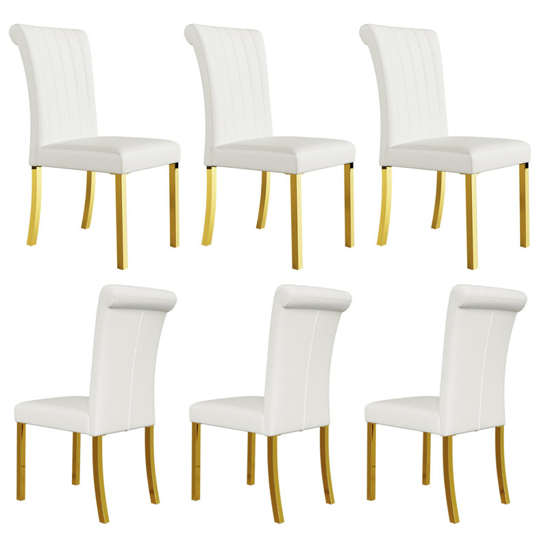Ensemble de 6 chaises de salle à manger en cuir blanc avec pieds dorés en miroir