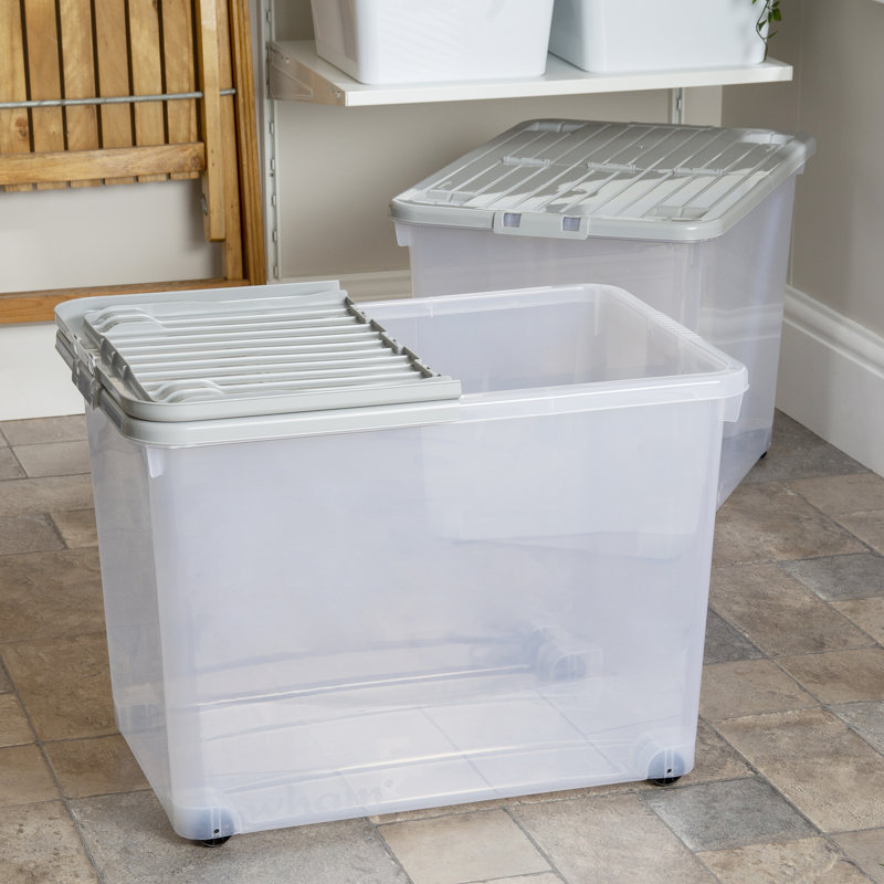 Wham 80L Plastic Storage Box with Wheels and Folding Lid Pack of 3 Clear/Cool Grey