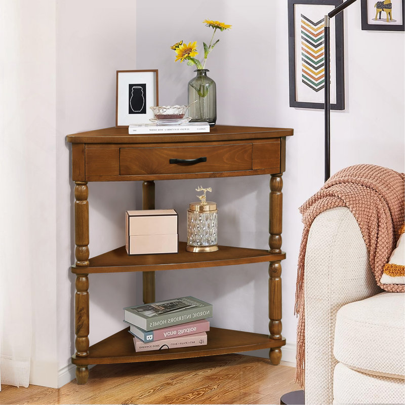 Petite table de coin triangulaire 33,8 po, table de bout en bois pour petits espaces / salon, table de bout à 3 niveaux avec pieds en bois massif, brun