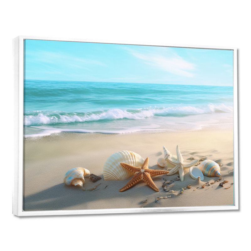 Bord de mer côtier - plage moderne, art mural, H 30 po x l 40 po x P 1,5 po, Cadre flottant blanc