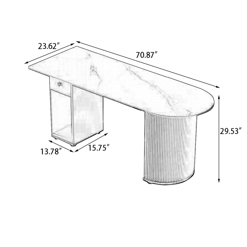 Blanc + demi-cercle en pierre frittée blanc crème + bois manufacturé avec bureau 1 tiroir, Orienté à gauche (vu de face)
