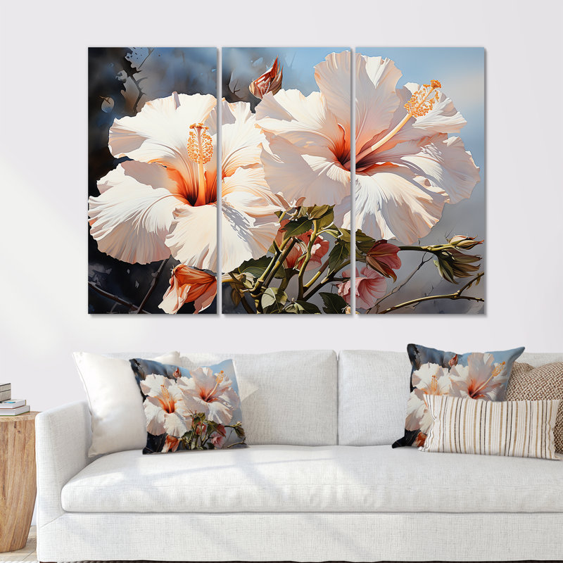 Beige doux tons neutres Portray fleurs d'hibiscus - Hibiscus Wall Art salon ensemble, H 40 po x l 60 po x P 1 po