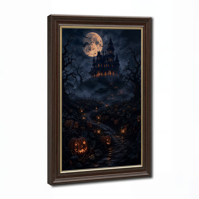 Haunted House On Hill With Glowing Pumpkins And Halloween Canvas Wall Art