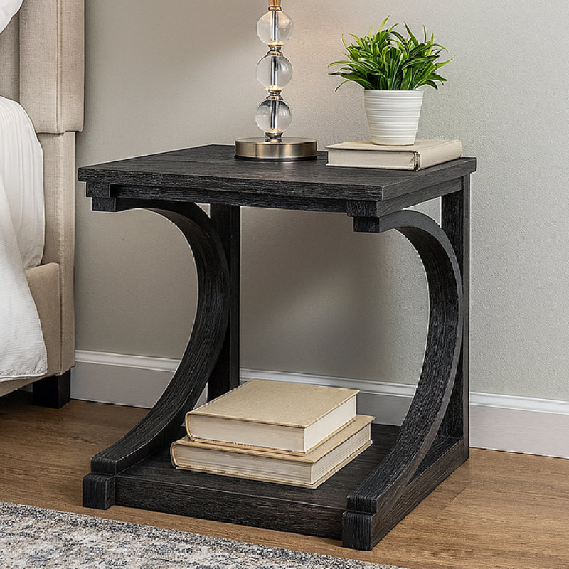 23.8'' Modern Square End Table With Curved Wood Base, Black