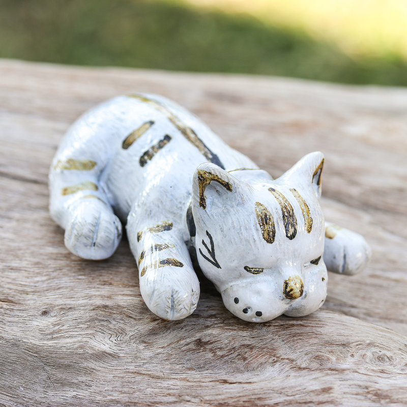 Novica Handmade Feline Nap Ceramic Statuette