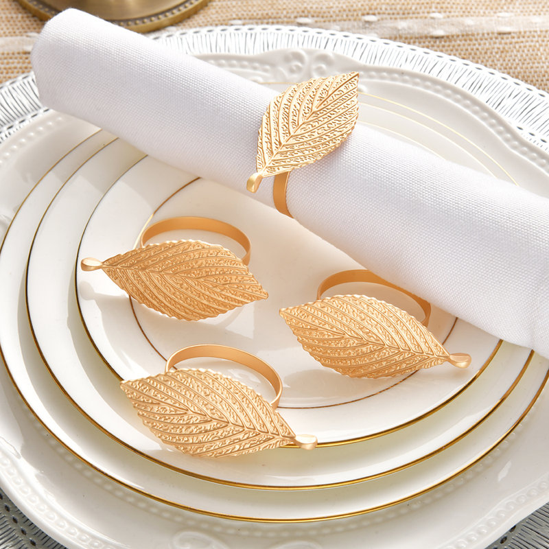 Élégant ensemble de 4 anneaux à serviette à feuilles - Décoration de table de Noël avec finition dorée et argentée pour la salle à manger