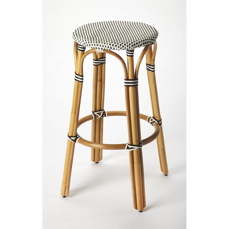 Alastair Bar & Counter Stool, White/Black Dot/Natural Rattan Frame, Bar Stool (30" Seat Height)