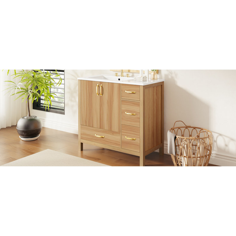 Meuble-lavabo de 36 po en bois avec 4 tiroirs, tablette réglable et fonction de fermeture en douceur pour une salle de bain efficace Cadre solide de 36 pouces, 2 portes, lavabo en céramique, poignées dorées élégantes, petit moyen idéal