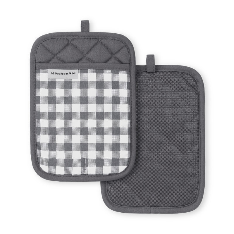 KitchenAid Gingham Pot Holder 2-Pack Set,, 7"x10", Charcoal Gray