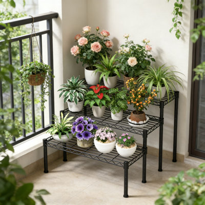 3-Tier Adjustable Plant Stand For Indoor And Outdoor Use, Heavy Duty Metal Plant Rack With Customizable Shelves For Living Room, Balcony, Or Garden