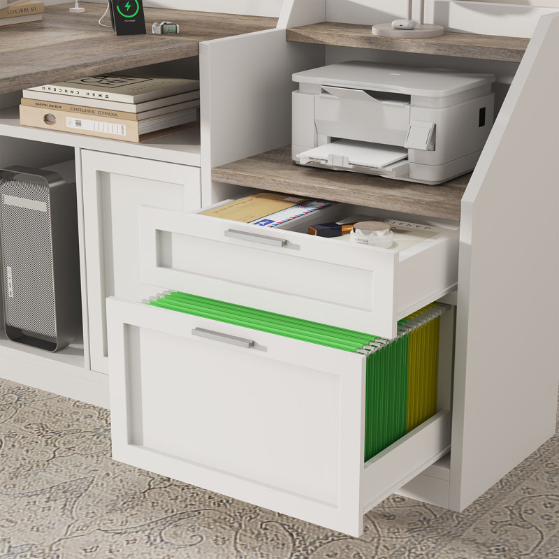Bureau en L Farmhouse avec tiroirs, bureau d'ordinateur d'angle avec rangement pour dossiers