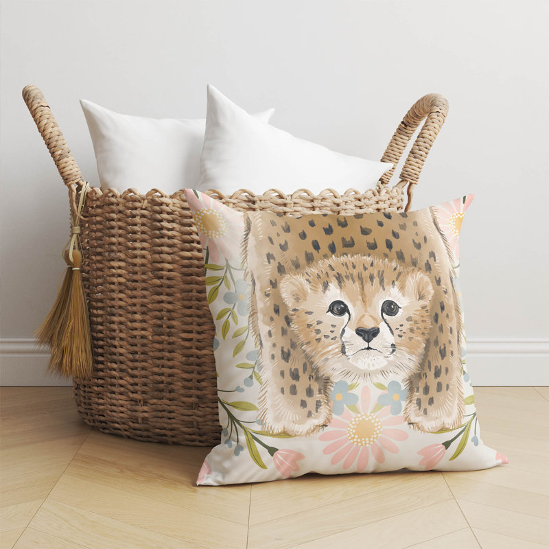 Lil Lying Leopard Flowers Ivory Pillow, 16" H x 16" W