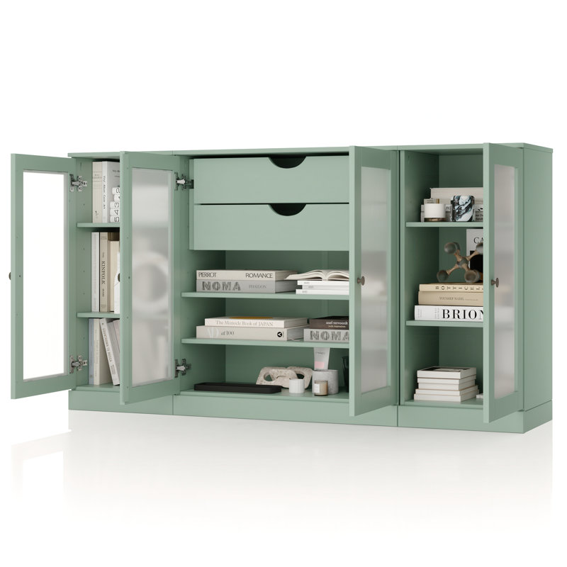 100% Solid Wood 65" Sideboard with Frosted Glass Doors, 2-Drawers and Adjustable Shelves, Sage