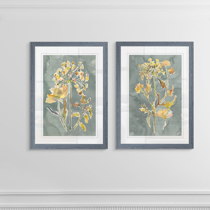 «Collection Florals I», ensemble de 2 reproductions d'art encadrées, H 20 po x l 16 po, Toile avec encadrement ébène, Gris