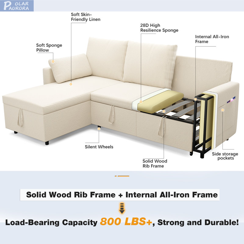 Sleeper Soft Bed,Pull Out Couch Bed with Storage Chaise,Iron Frame Soft Futon Sofa(Corduroy L-Shape, Beige), Beige Corduroy