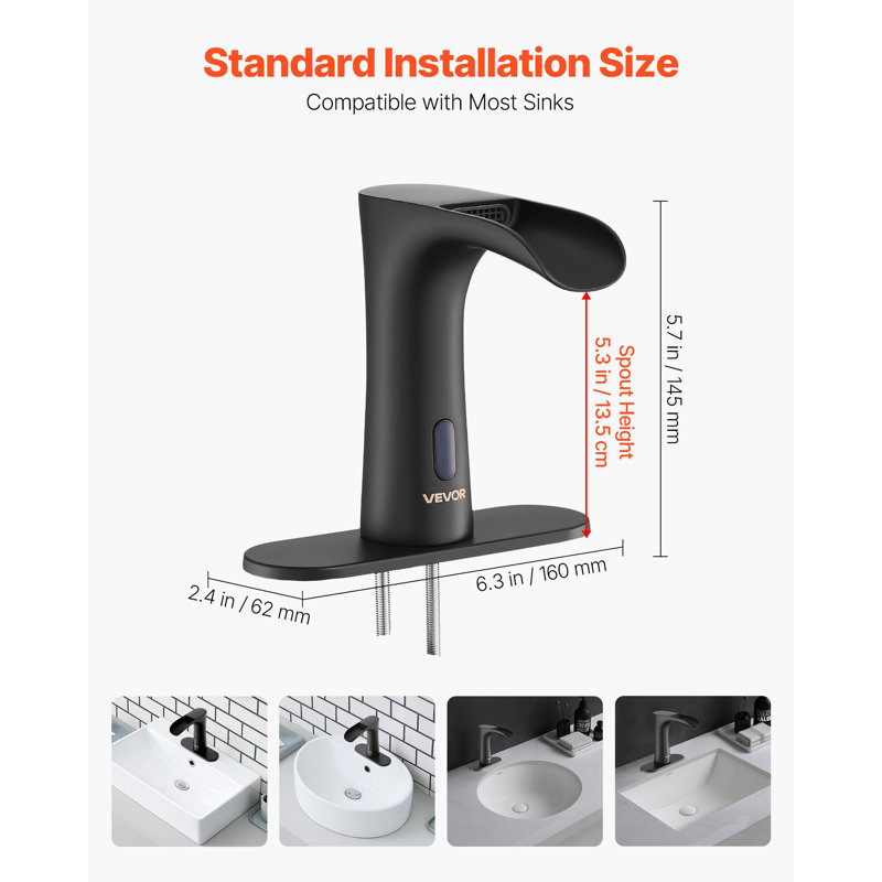 Robinet de lavabo pour salle de bain sans contact, robinet de toilette pour salle de bain à capteur de mouvement automatique avec plaque de recouvrement, capteur électronique moderne pour eau chaude / froide 9/16 po, noir mat