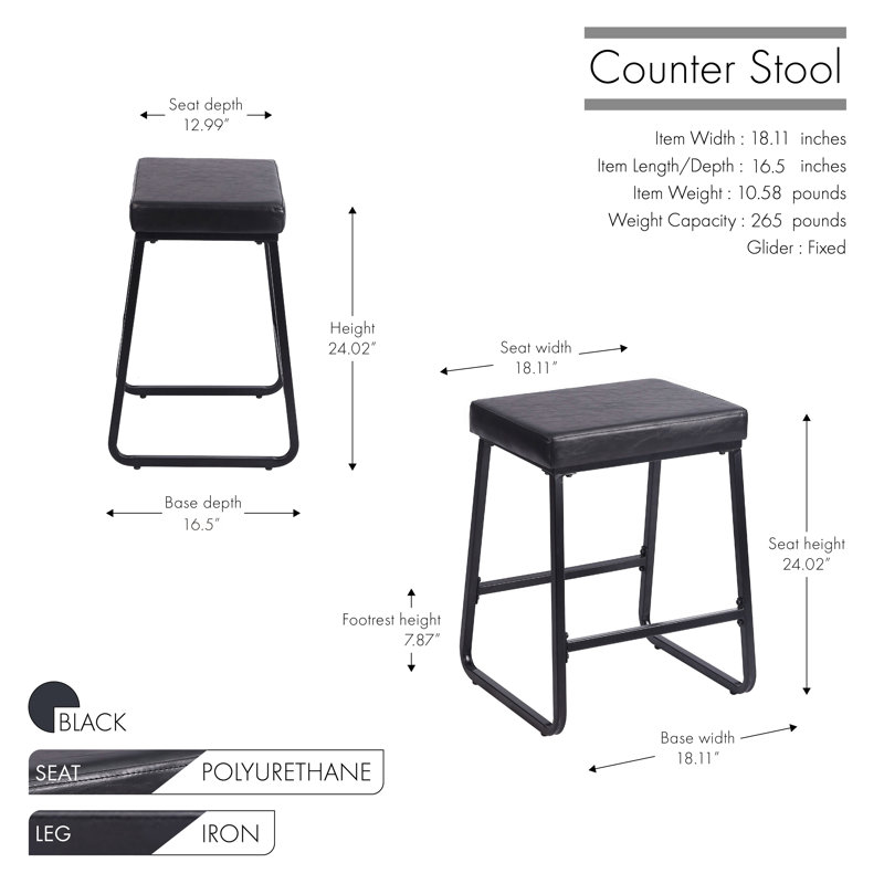Ensemble de 2 tabourets de bar Ebern Designs Selma, cuir PU, pieds en fer, Noir