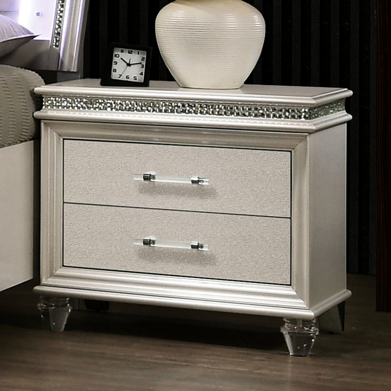 Table de chevet blanc perle avec 2 tiroirs, garniture en cristal et table de chevet 2 corps, blanc, pieds en acrylique
