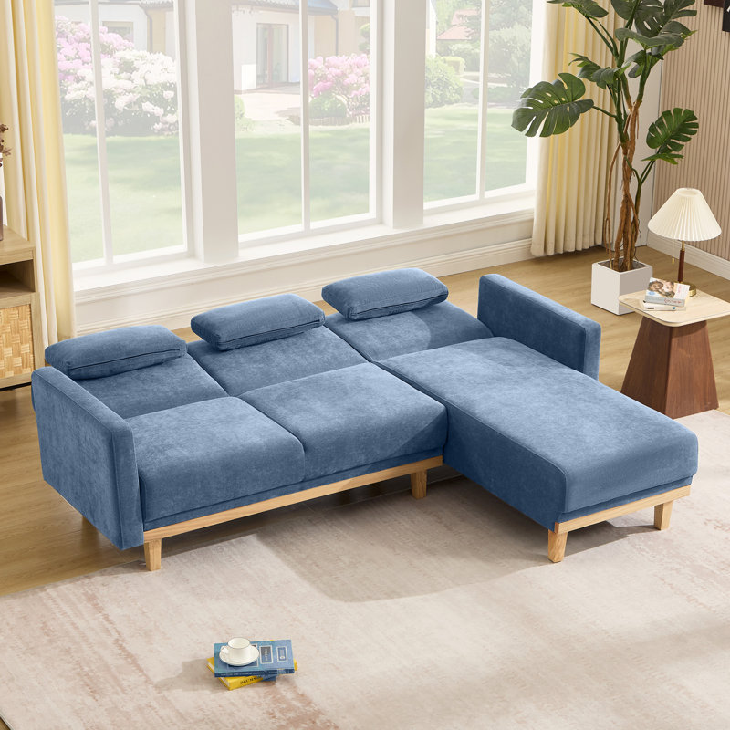 86.61" W Reversible L-Shaped Chenille Sectional, Blue Chenille