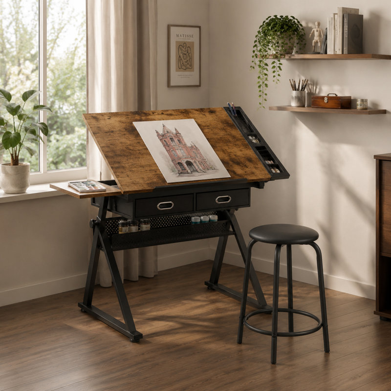 bureau réglable avec 2 tiroirs pour bureau à domicile et école avec tabouret (brun)