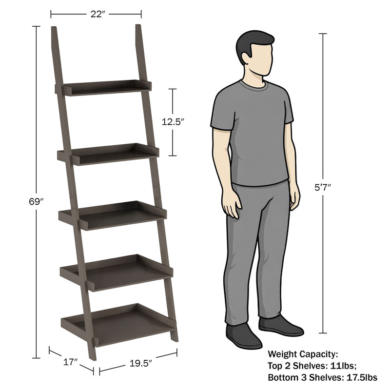 Lavish Home 22"L x 17"W x 69"H 5-Tier Ladder Bookshelf, Gray, Slate Gray