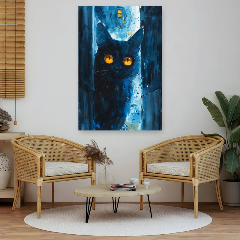 Midnight Watcher Cat Abstract Contemporary Cat Architecture City Wall Art Print 1 Piece Wrapped Canvas Wall Art