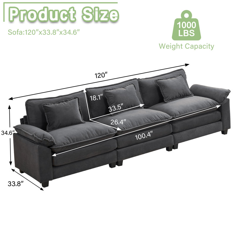 Adonia 120“ Comfy Cloud Couch Large Sofa for Living Room Bedroom, Dark Gray Velvet