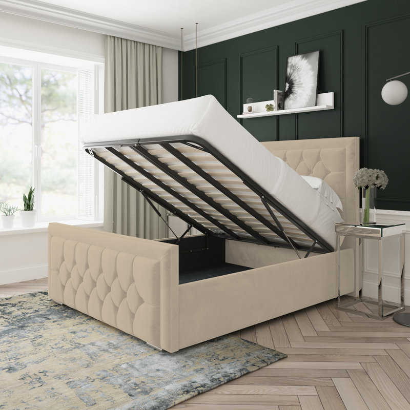 Maple Naples Velvet Upholstered Ottoman Bed Frame, Beige, Single (3')