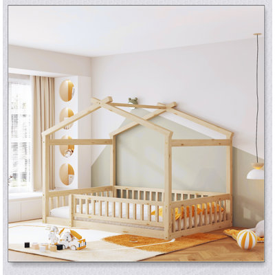 Structure de lit en bois avec clôture pour enfants et adolescents, construction en pin robuste, aire de jeu et de sommeil amusante et adorable