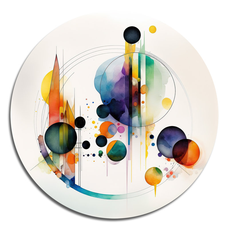 Art géométrique aquarelle multicolore I - art mural rond abstrait géométrique sur métal, L 29 po x H 29 po
