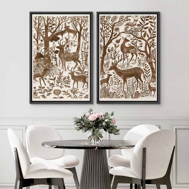 Aquarelle, cerf brun dans la forêt, art mural botanique rustique, impression sur toile encadrée 2 pièces, Cadre noir