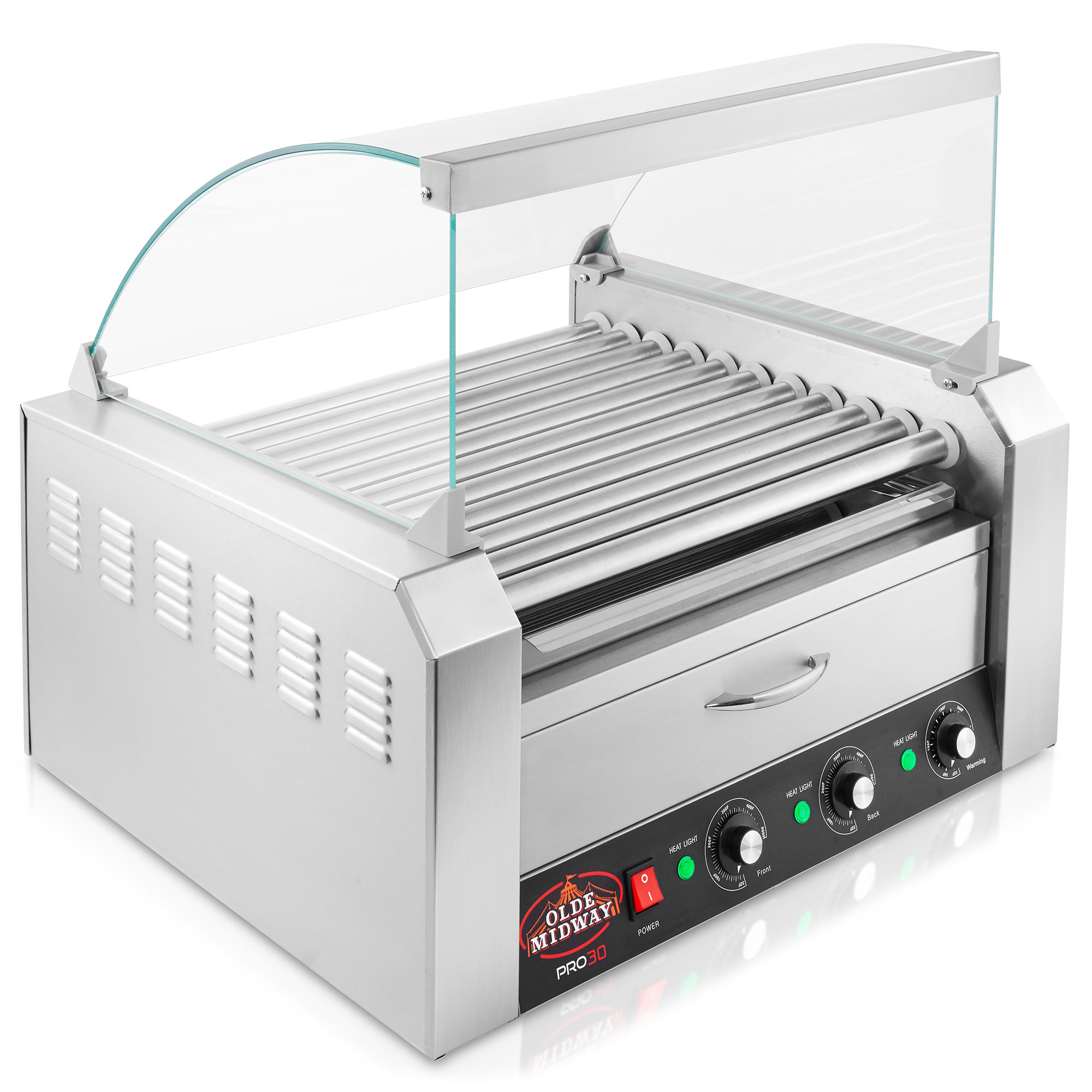 Olde Midway Electric 30 Hot Dog, 11 Roller Grill Cooker with Bun Warmer