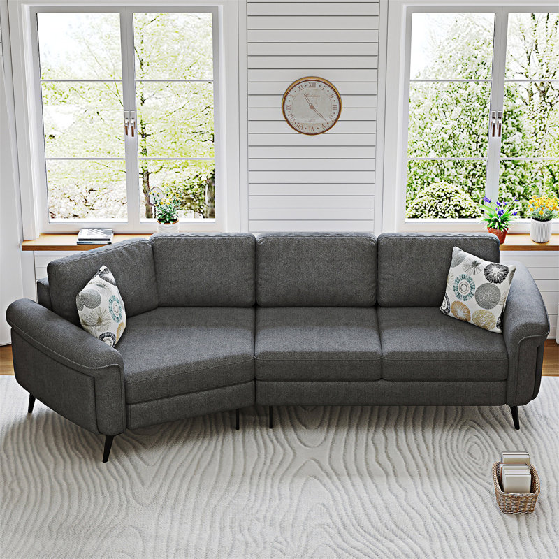 Upholstered Sofa Couch With Two Printed Pillows, Dark Gray