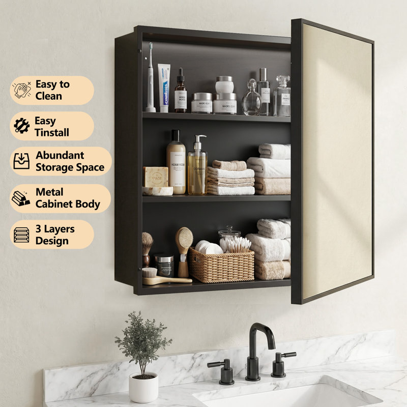 24 x 24 Inches Aluminum Medicine Cabinet with Large Storage, Black Frame Mirror for Bathroom Vanity, Surface or Recessed Mount Bathroom Cabinet with Adjustable Shelves